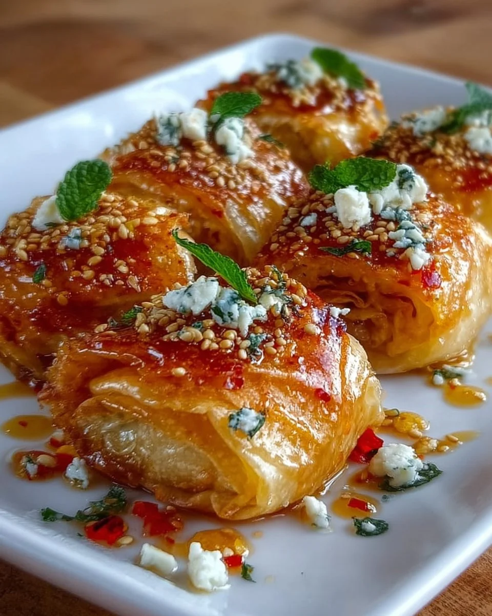 Golden crispy feta rolls drizzled with sweet chili honey sauce