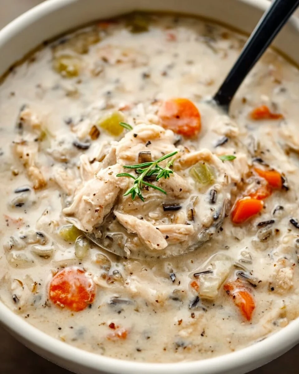 Crockpot chicken and wild rice soup in a bowl freshly garnished