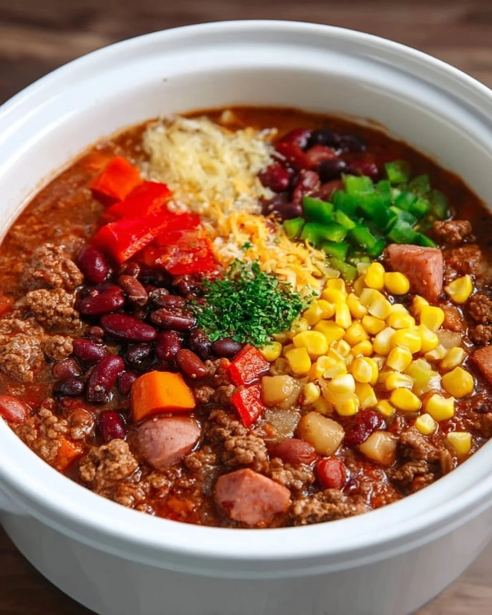 Bowl of Crockpot Texas Cowboy Stew next to fresh ingredients.
