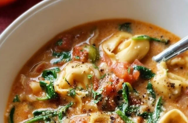 Crockpot tortellini soup in a bowl with herbs and cheese toppings.