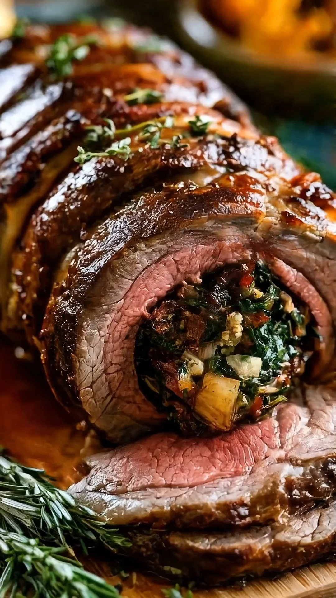 Delicious stuffed beef roast cooked to perfection, garnished with herbs.
