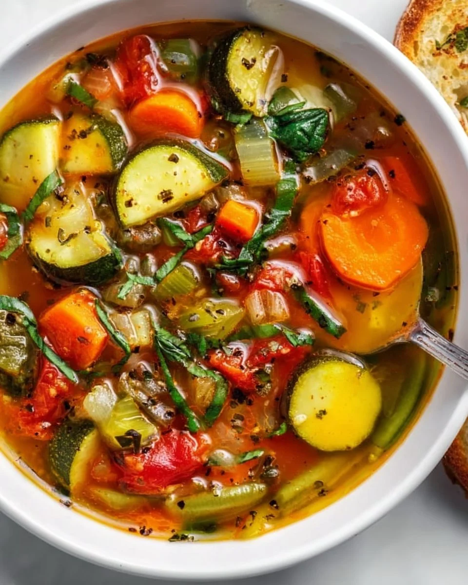 Bowl of easy vegetable soup with colorful fresh vegetables