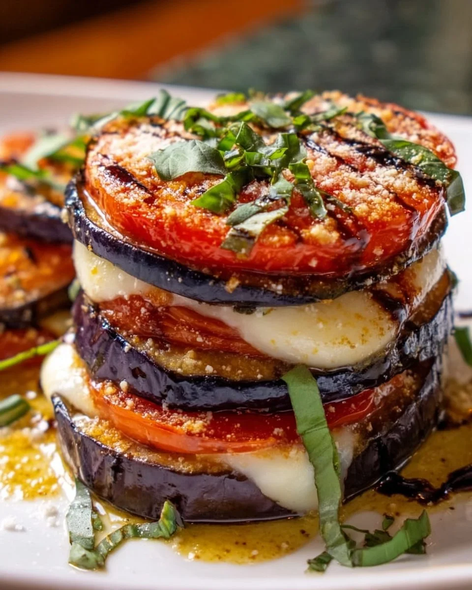 Delicious Eggplant Napoleon with layers of roasted eggplant and fresh toppings