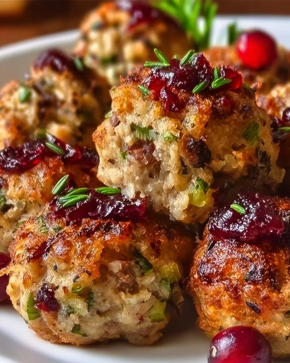 Festive cranberry turkey stuffing balls served on a plate