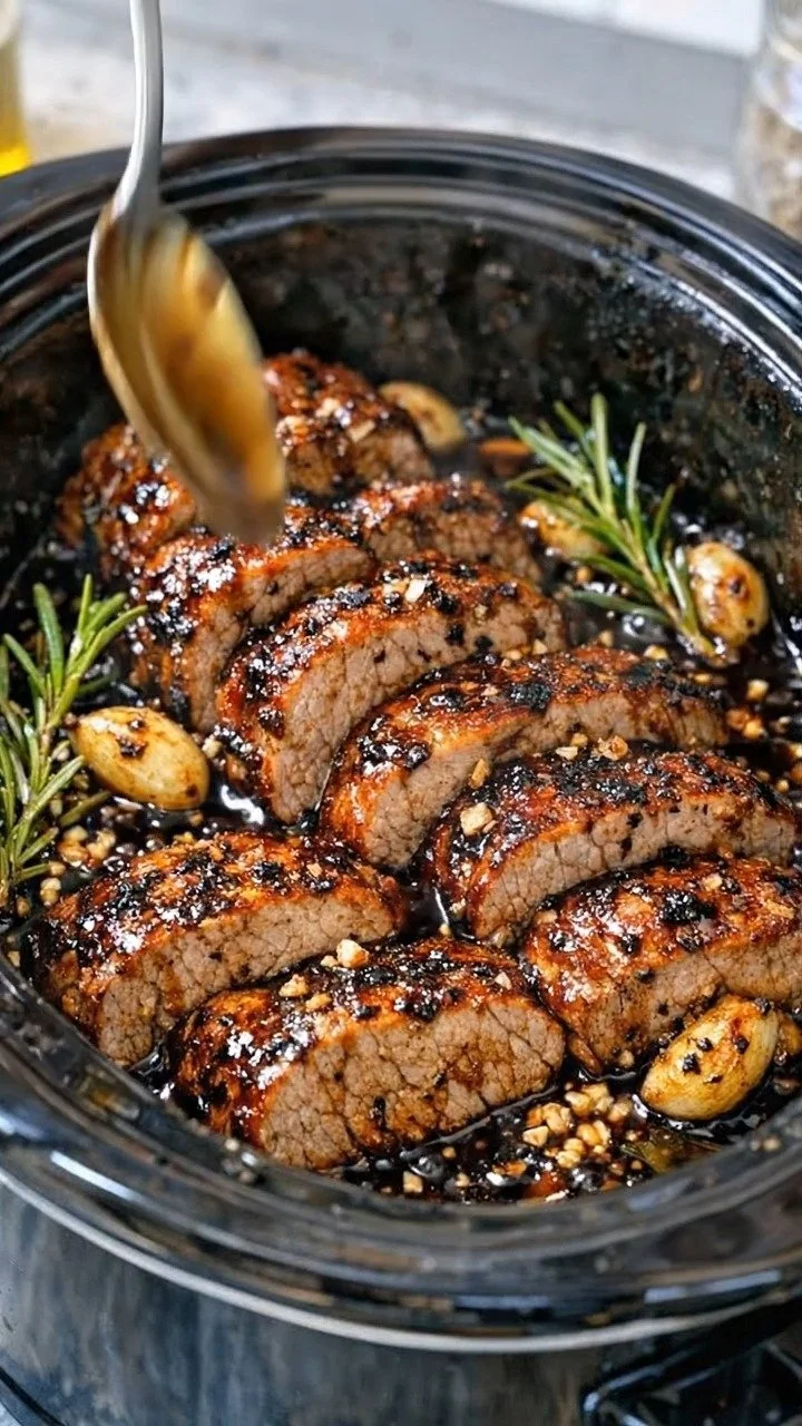 Delicious garlic-herb glazed beef tenderloin medallions served on a plate