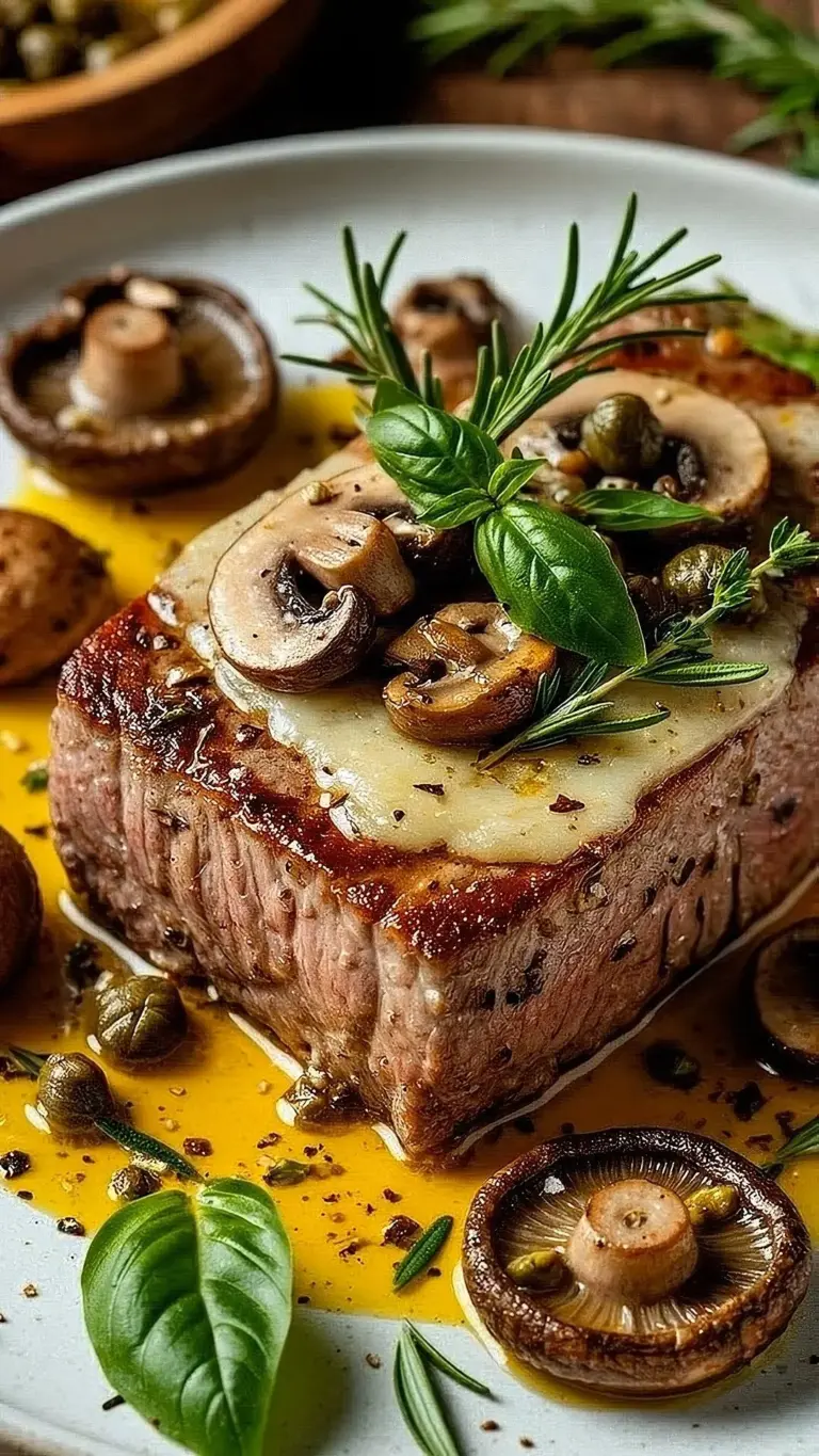 Delicious Herb Butter Steak served with sautéed mushrooms, ready to enjoy.