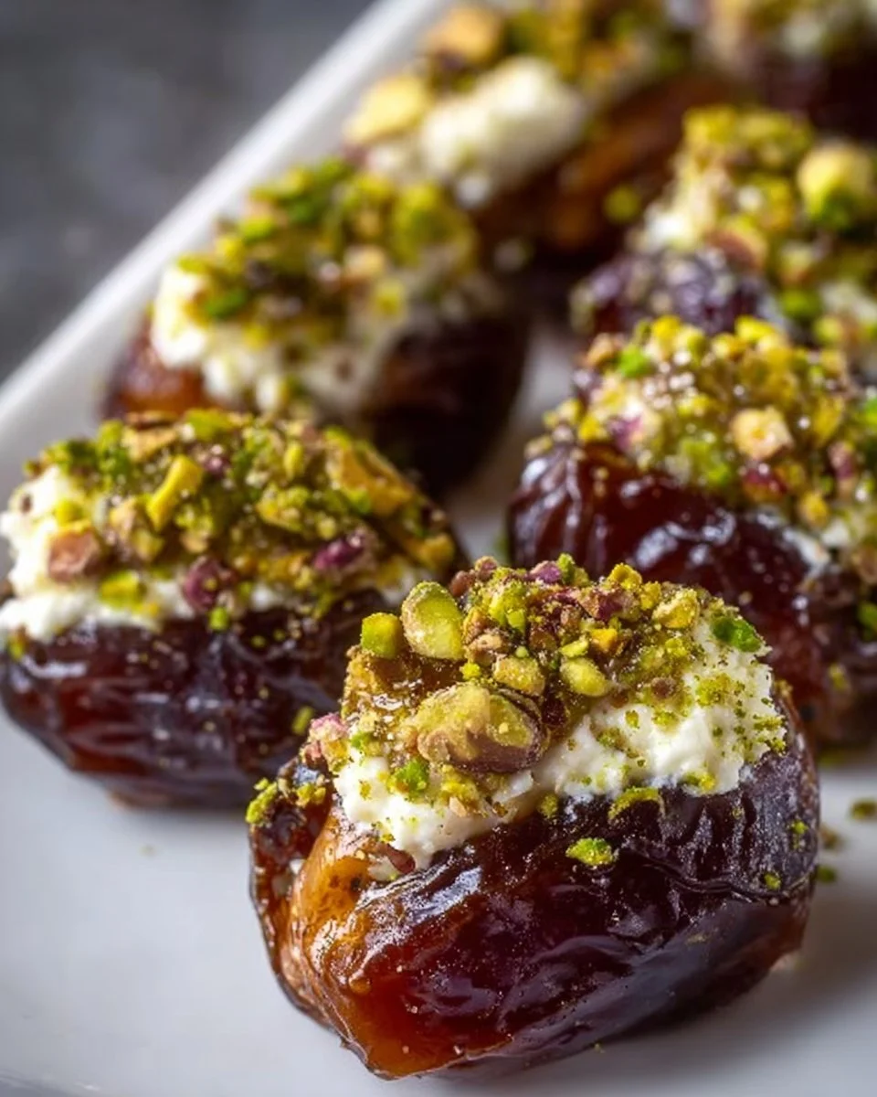 Honey pistachio ricotta stuffed dates on a rustic wooden table.