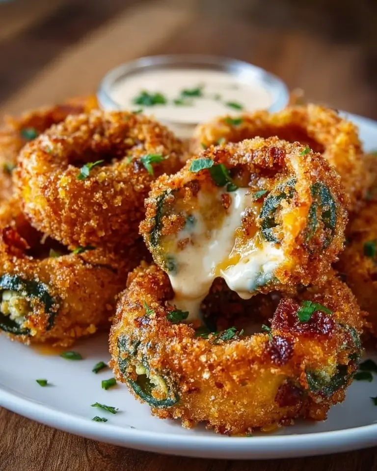 Jalapeño popper stuffed onion rings on a platter