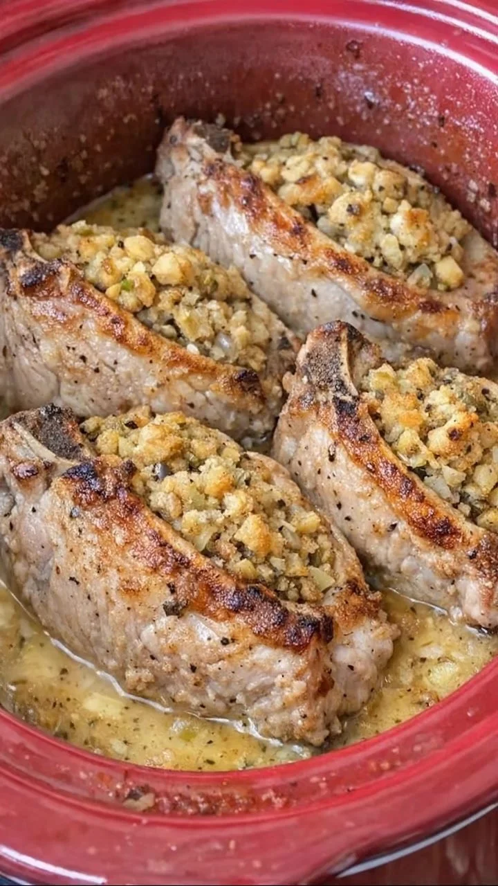 Juicy baked stuffed pork chops on a plate garnished with herbs