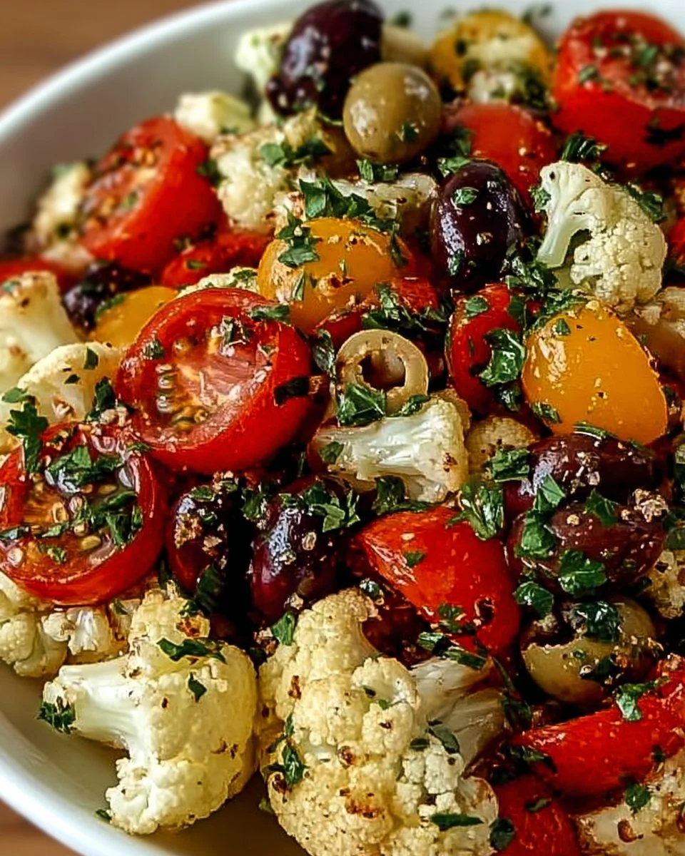 Mediterranean marinated cauliflower salad with fresh vegetables and herbs