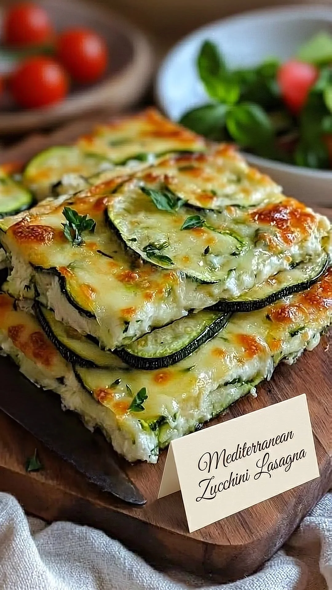 Mediterranean Zucchini Lasagna layered with fresh ingredients and cheese.