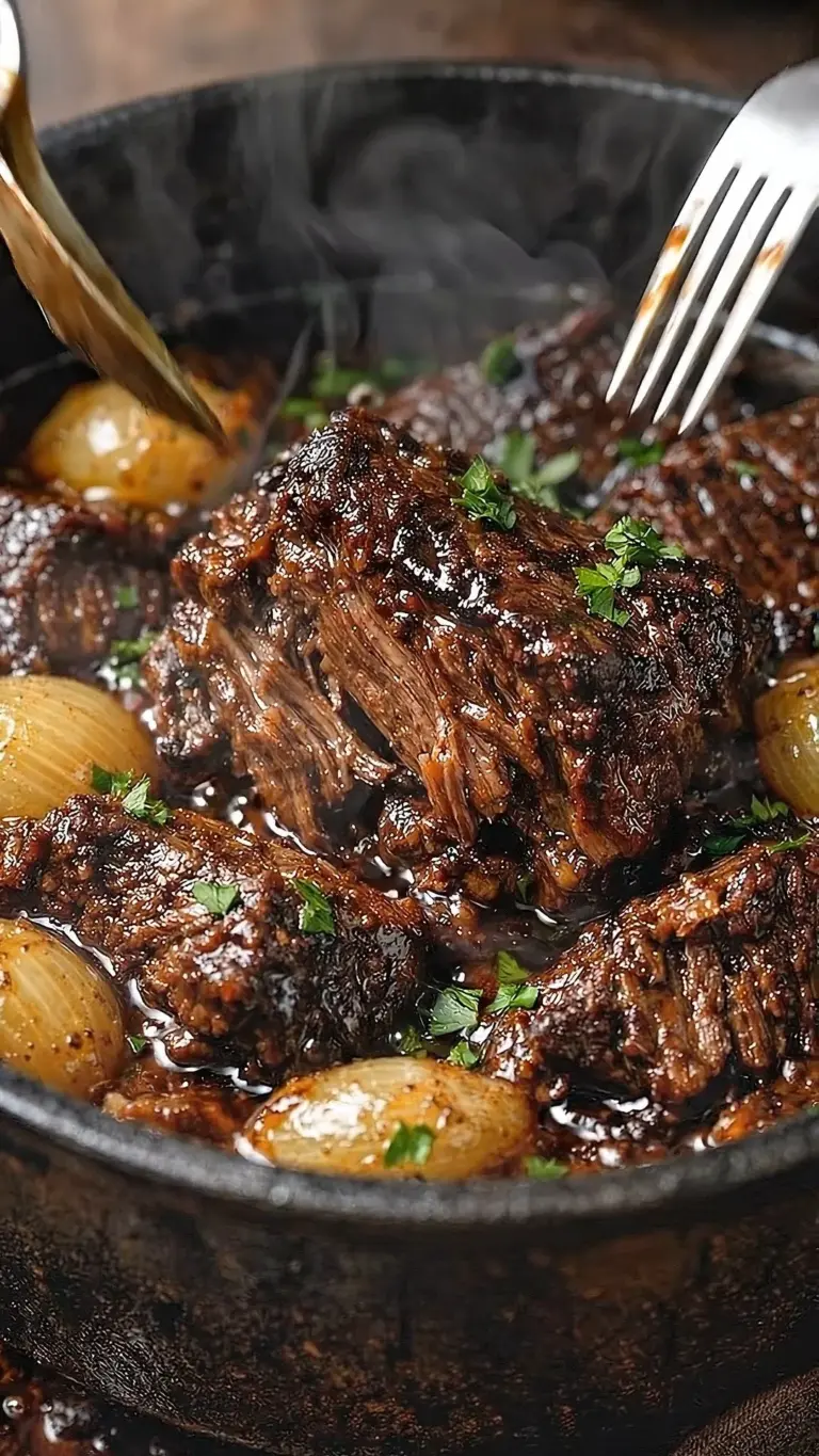 Delicious melt-in-your-mouth braised beef short ribs served with aromatic herbs.