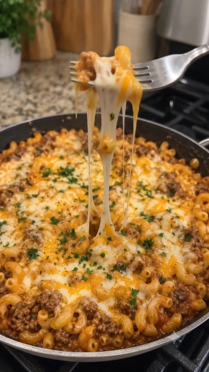 Melted cheesy beef macaroni skillet dish served in a pan