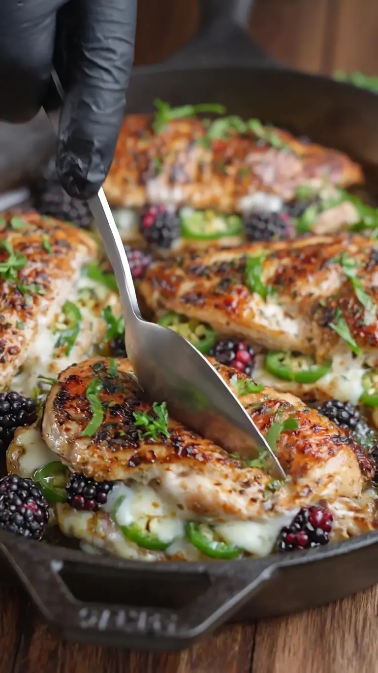 Melty Blackberry Jalapeño Stuffed Chicken on a plate, garnished with herbs
