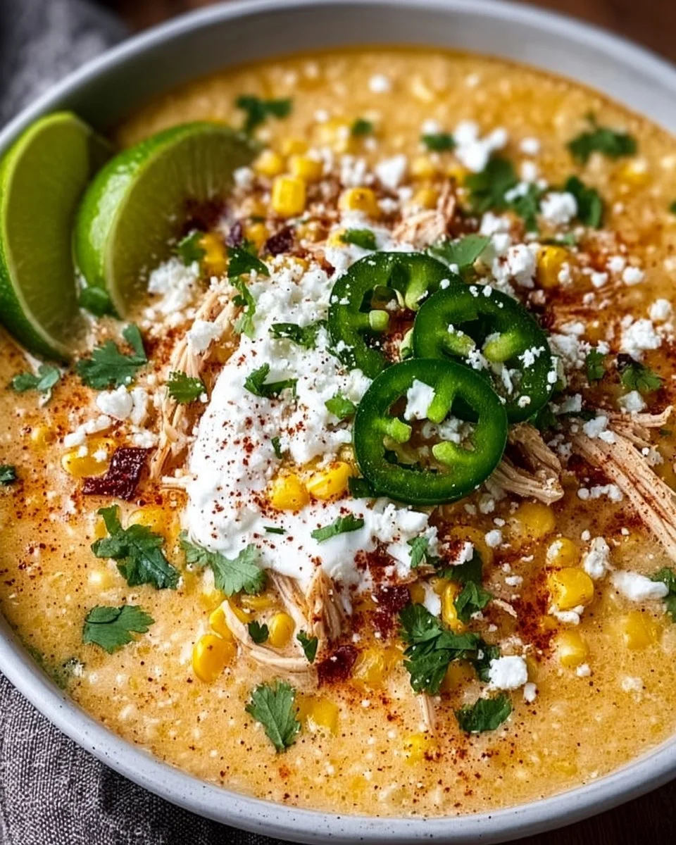 Bowl of vibrant Mexican Street Corn Soup garnished with cilantro and lime.