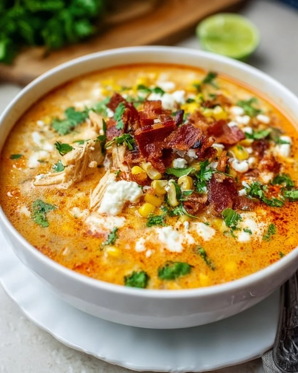 Delicious Mexican street corn soup topped with cilantro and lime