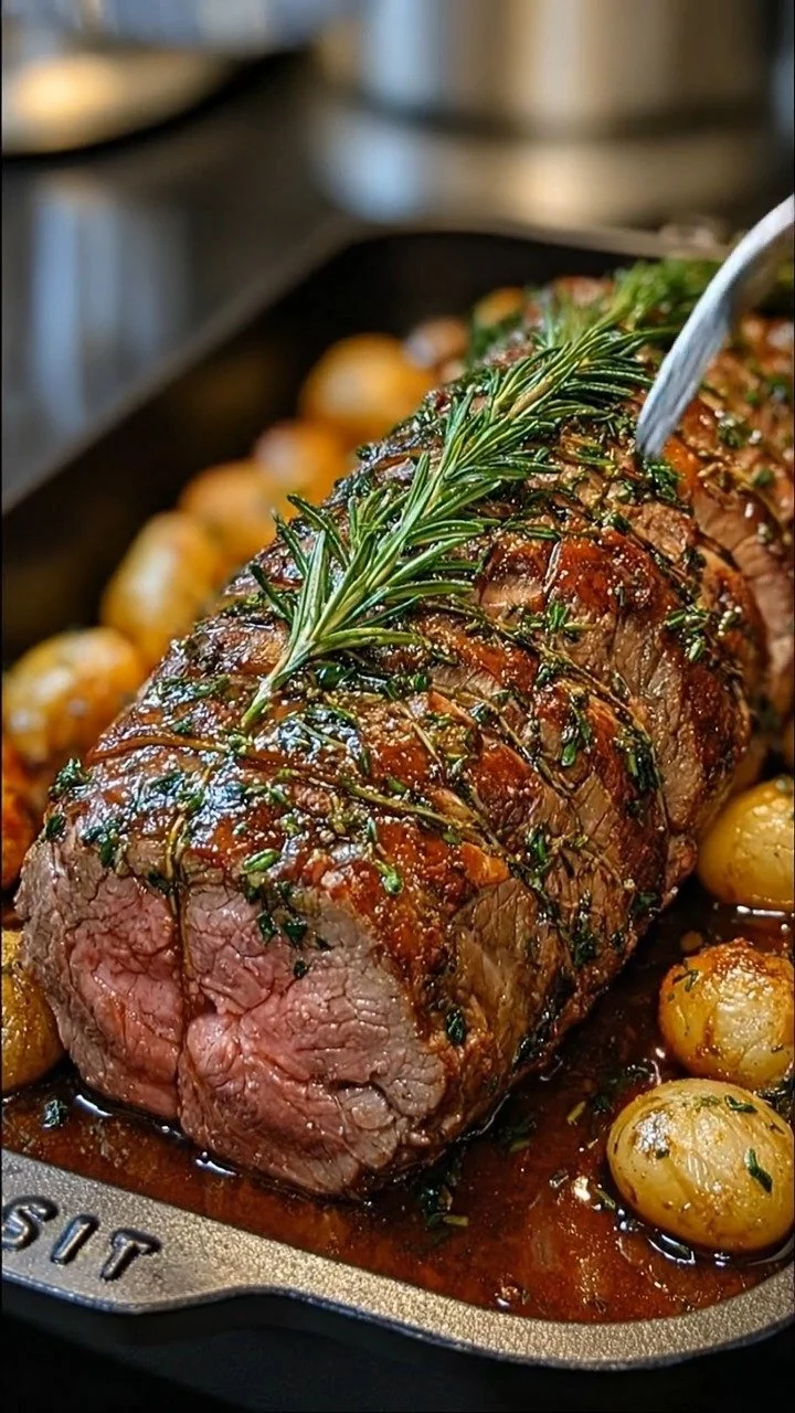 Delicious Million Dollar Roast Beef Tenderloin garnished with herbs