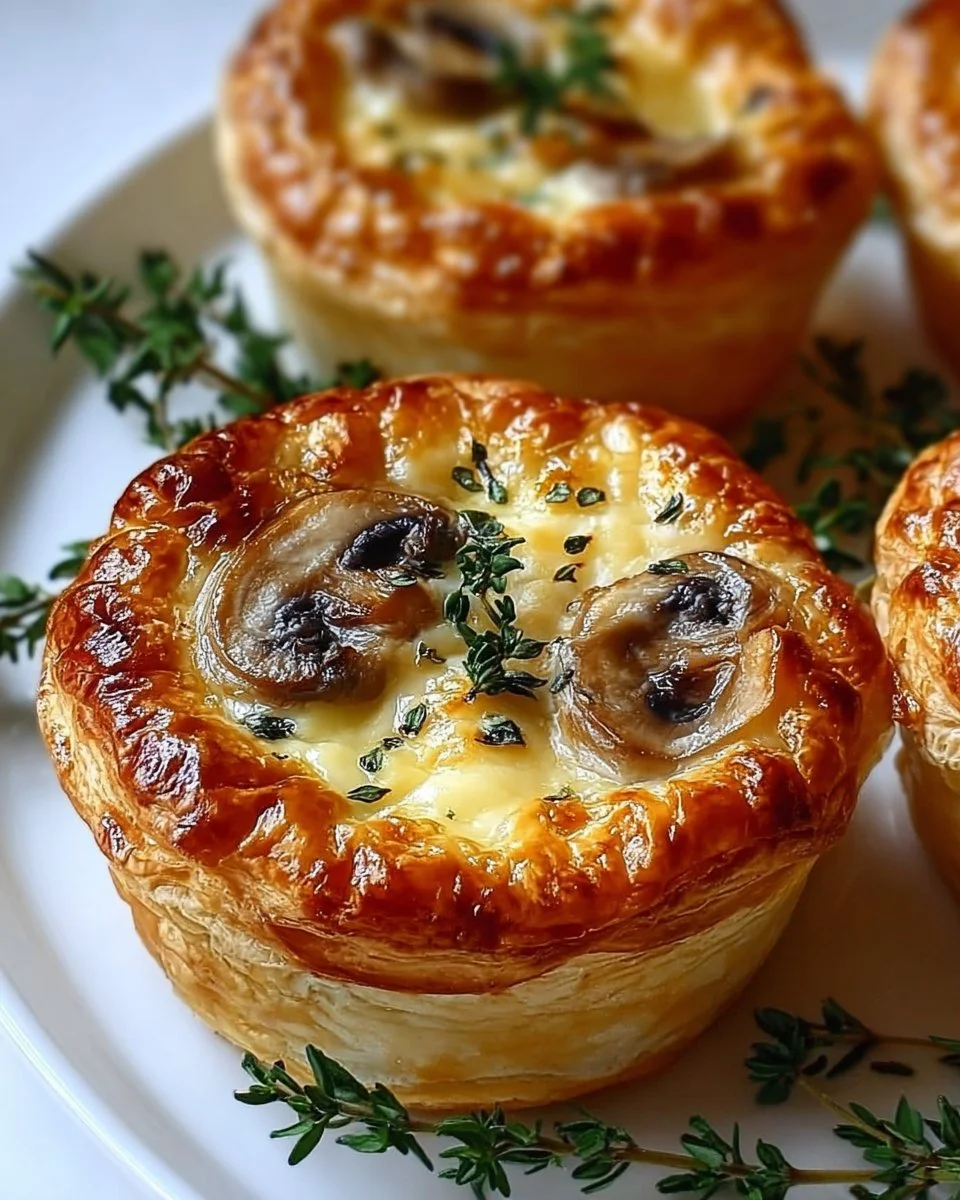 Mini mushroom and Gruyère pot pies garnished with thyme, delicious and hearty.