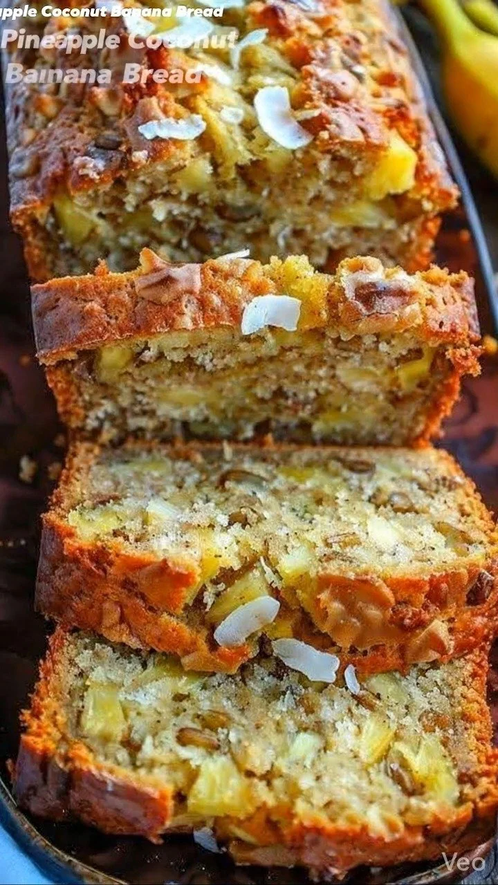 Sliced pineapple coconut banana bread on a wooden table