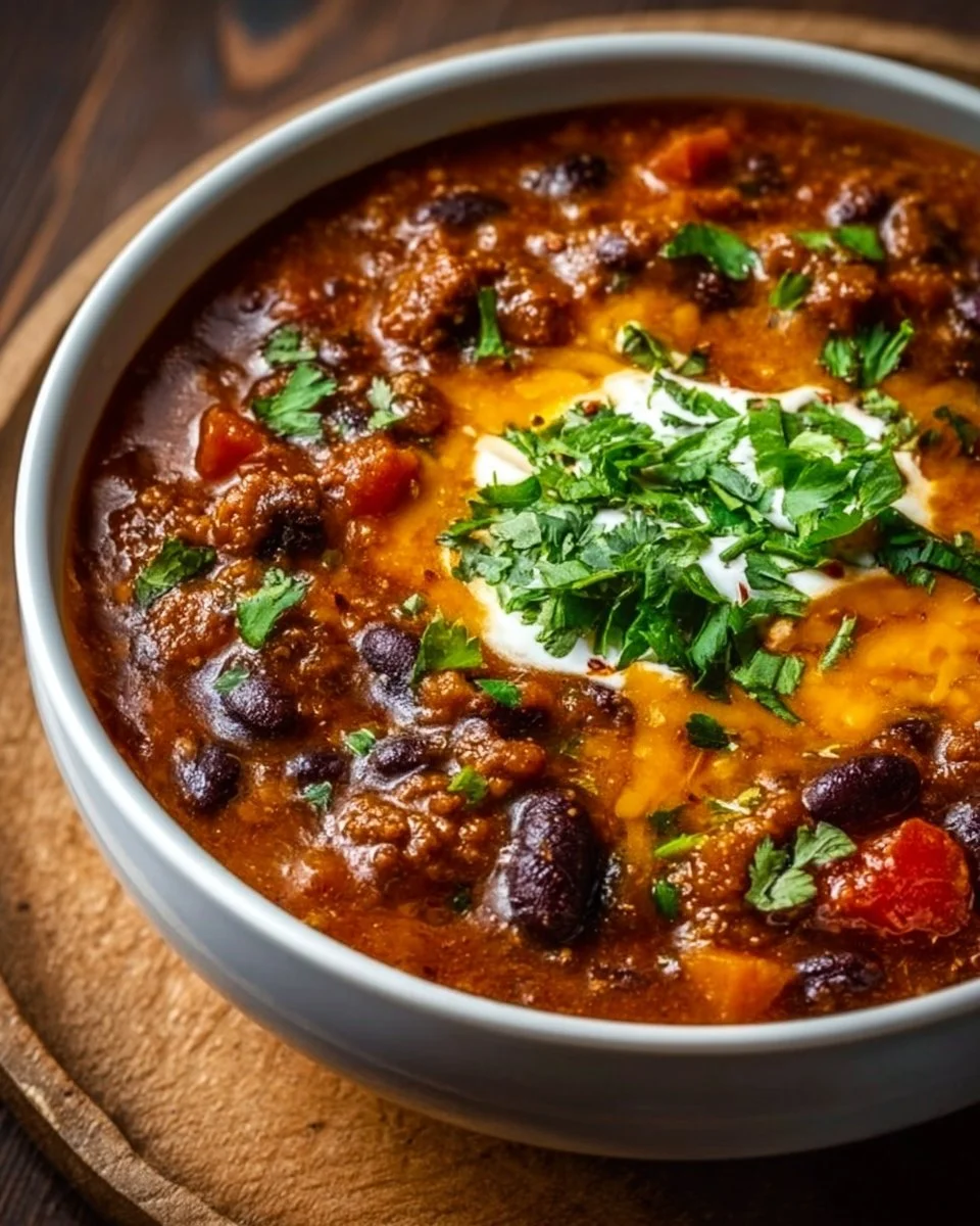 Bowl of delicious Pumpkin Chili topped with fresh herbs