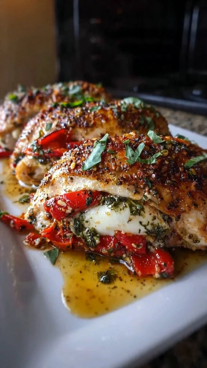 Roasted red pepper and mozzarella stuffed chicken breast on a plate.