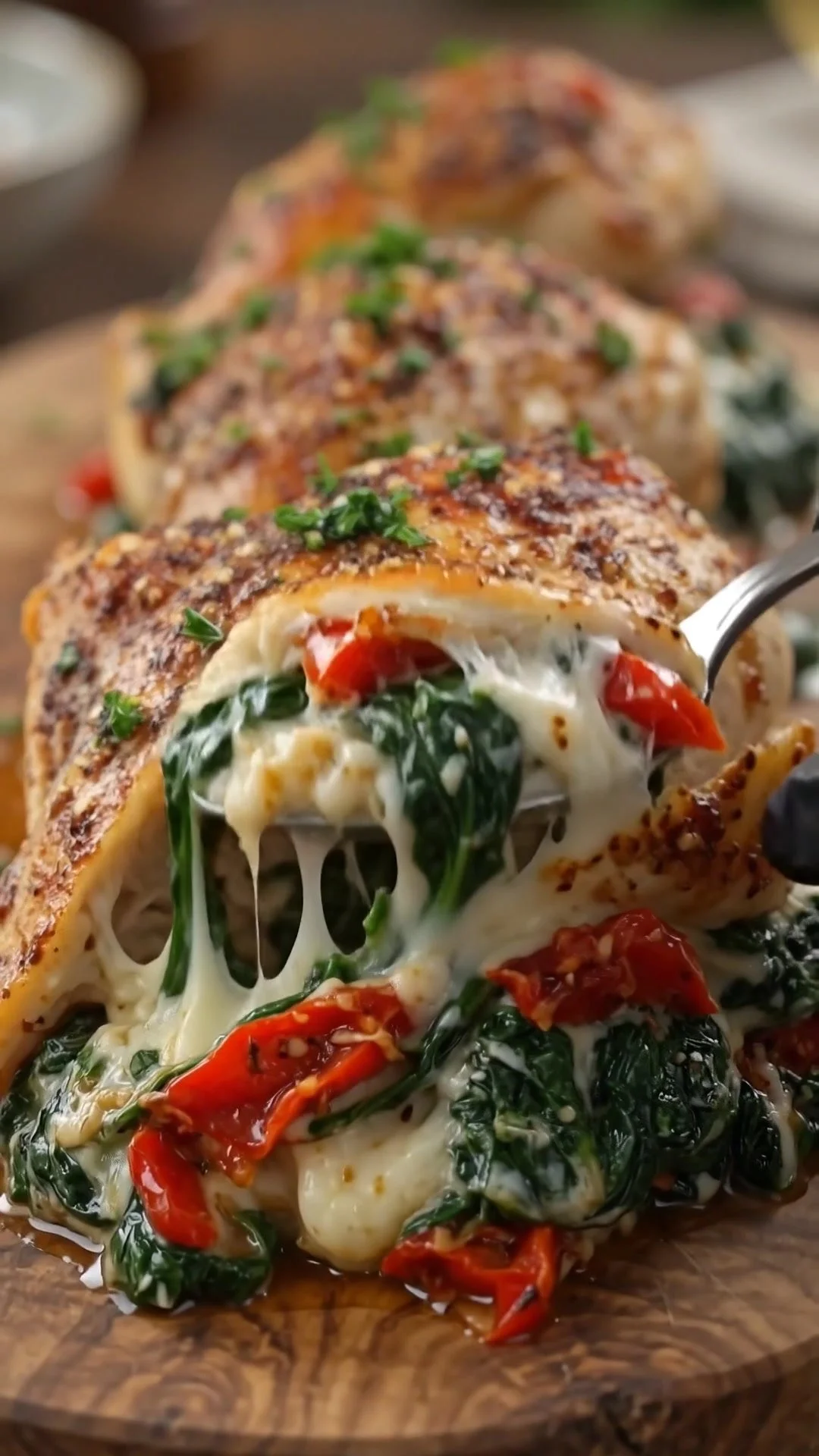 Roasted Red Pepper, Spinach, and Mozzarella stuffed chicken plated for serving