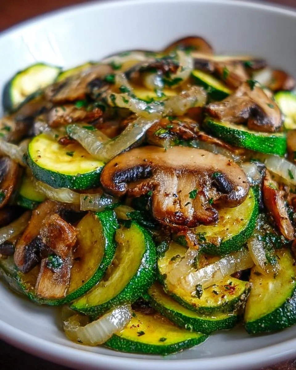 Delicious sautéed zucchini with mushrooms and onions served in a skillet
