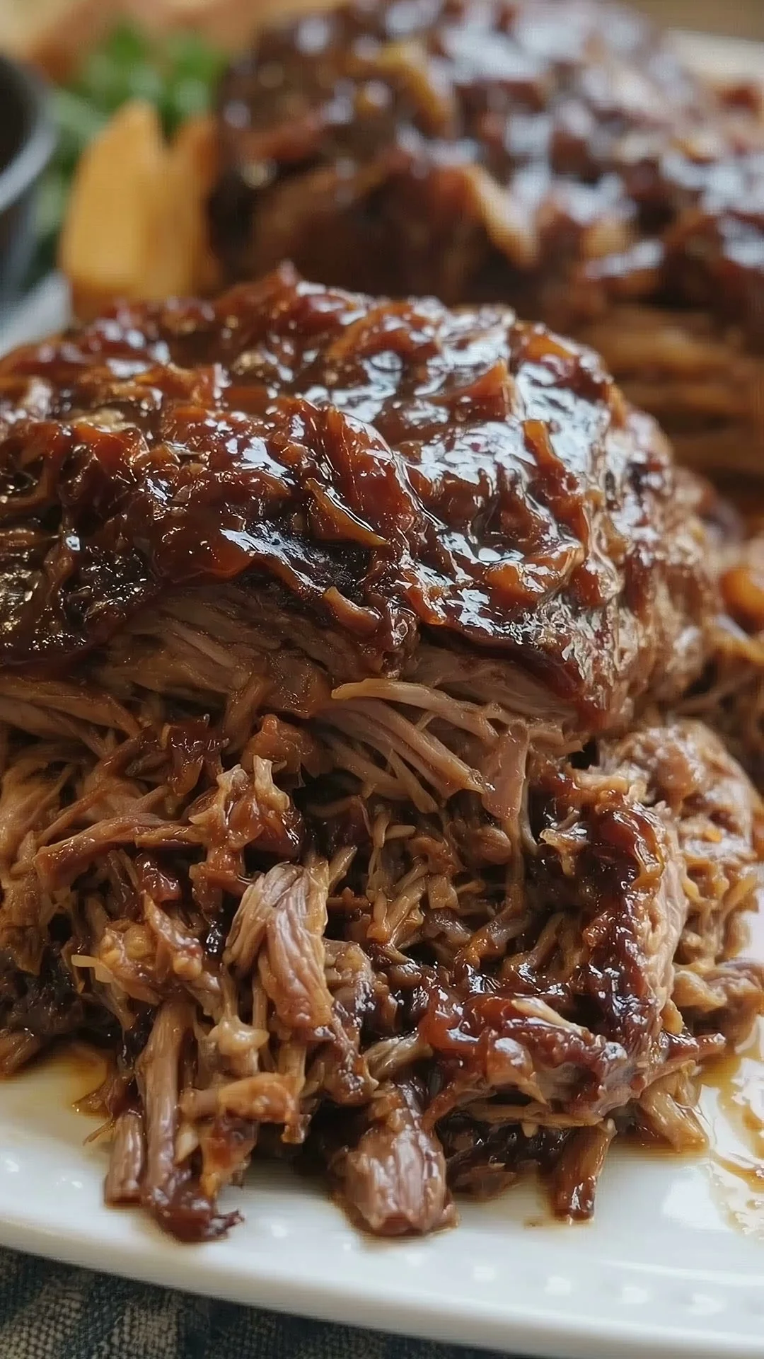 Slow cooker 3-ingredient Root Beer BBQ Beef in a bowl with garnishes