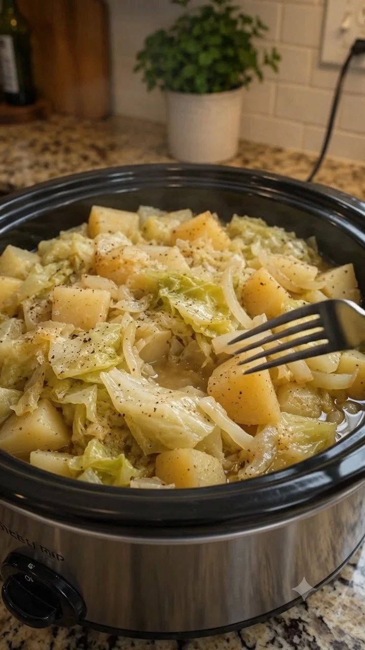 Delicious slow cooker cabbage and potatoes dish ready to be served.