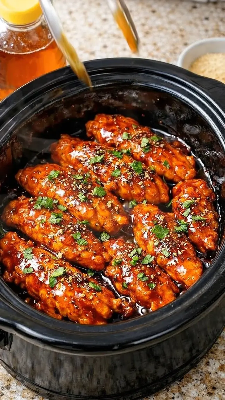 Slow cooker honey garlic chicken wings served with dipping sauce