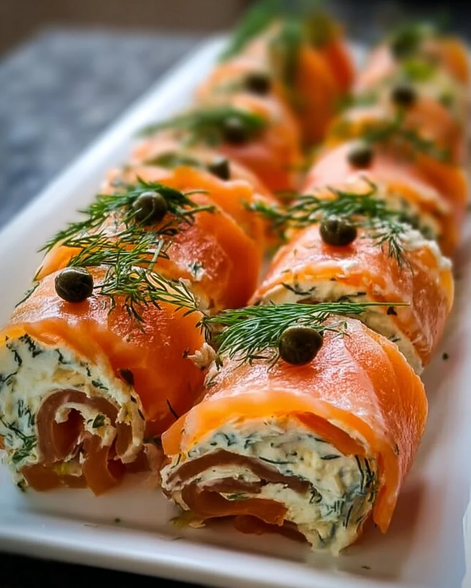 Smoked salmon roll-ups with creamy lemon dill spread on a plate