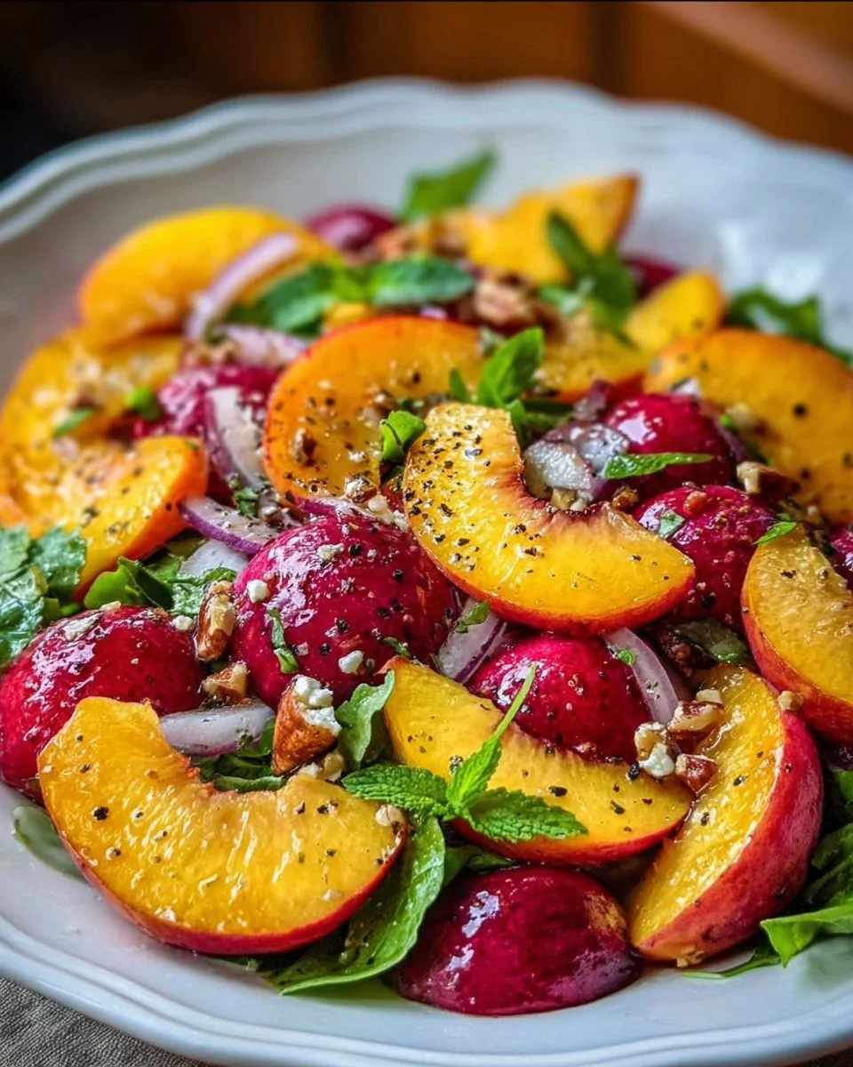 Delicious summer peach salad with fresh fruits and greens