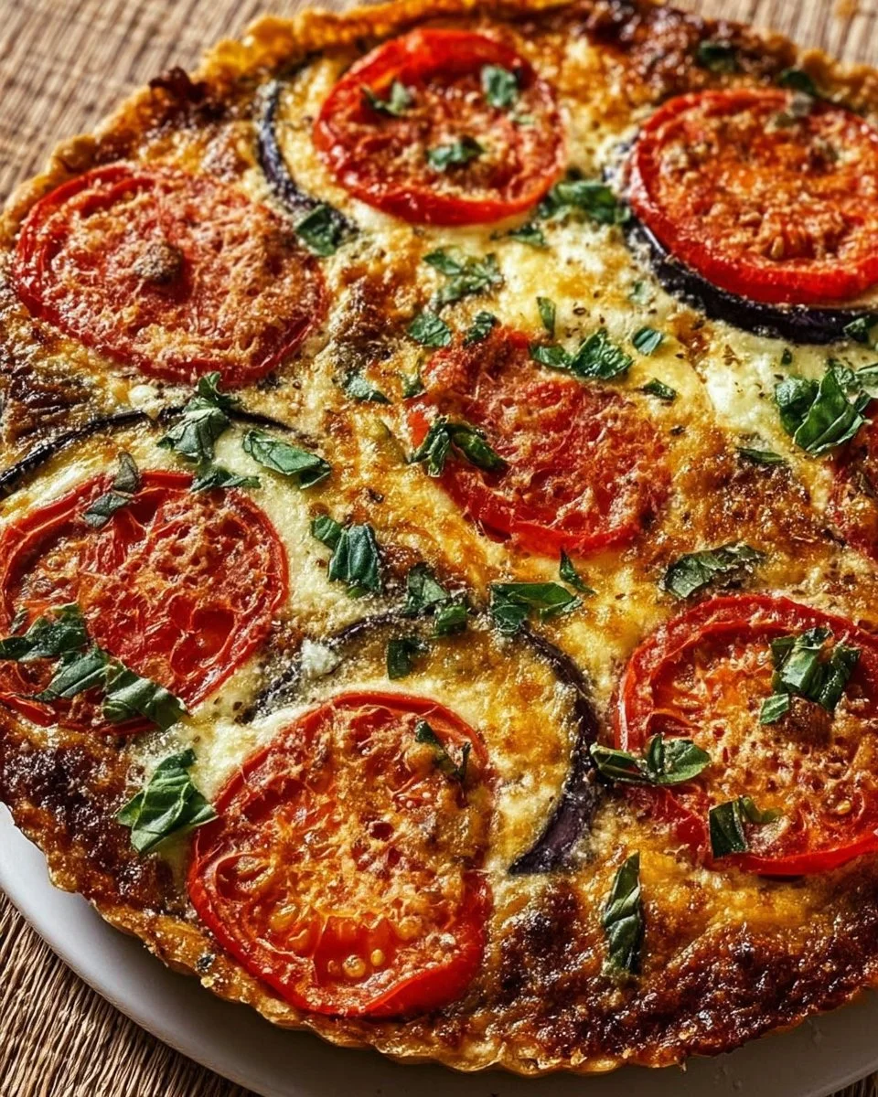 Delicious summer Tomato Eggplant Pie garnished and ready to serve