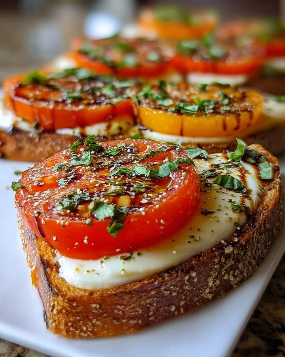 Delicious Tomato Basil Mozzarella Toast topped with fresh basil and tomatoes