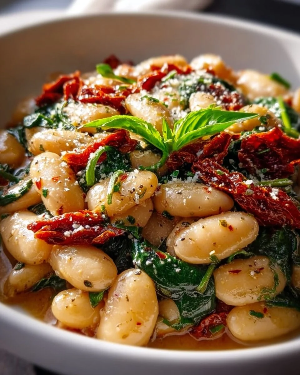 Tuscan butter beans with spinach and sun-dried tomatoes dish