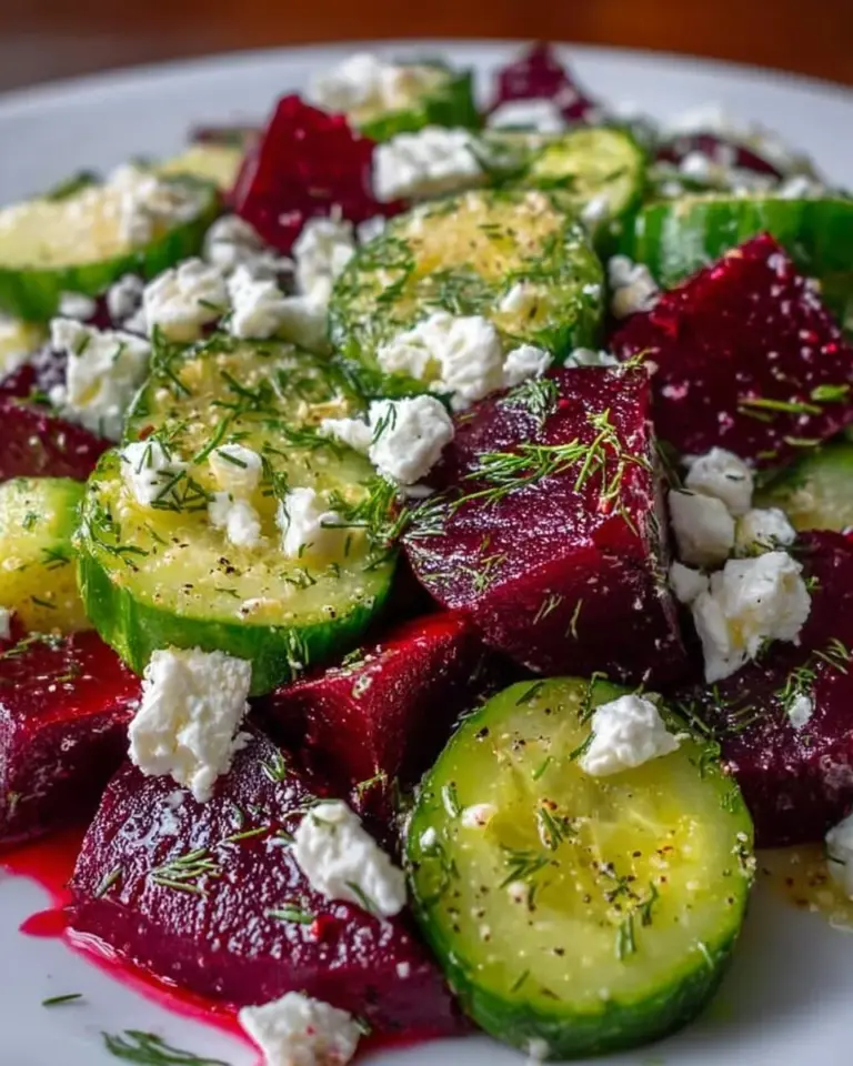 Vibrant beet and cucumber salad garnished with fresh herbs