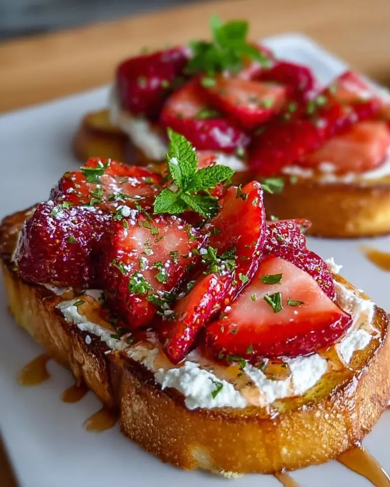 Roasted strawberry toast with whipped ricotta on a plate