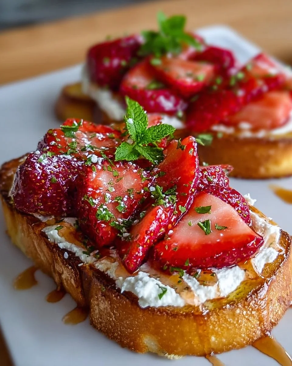 Roasted strawberry toast with whipped ricotta on a plate