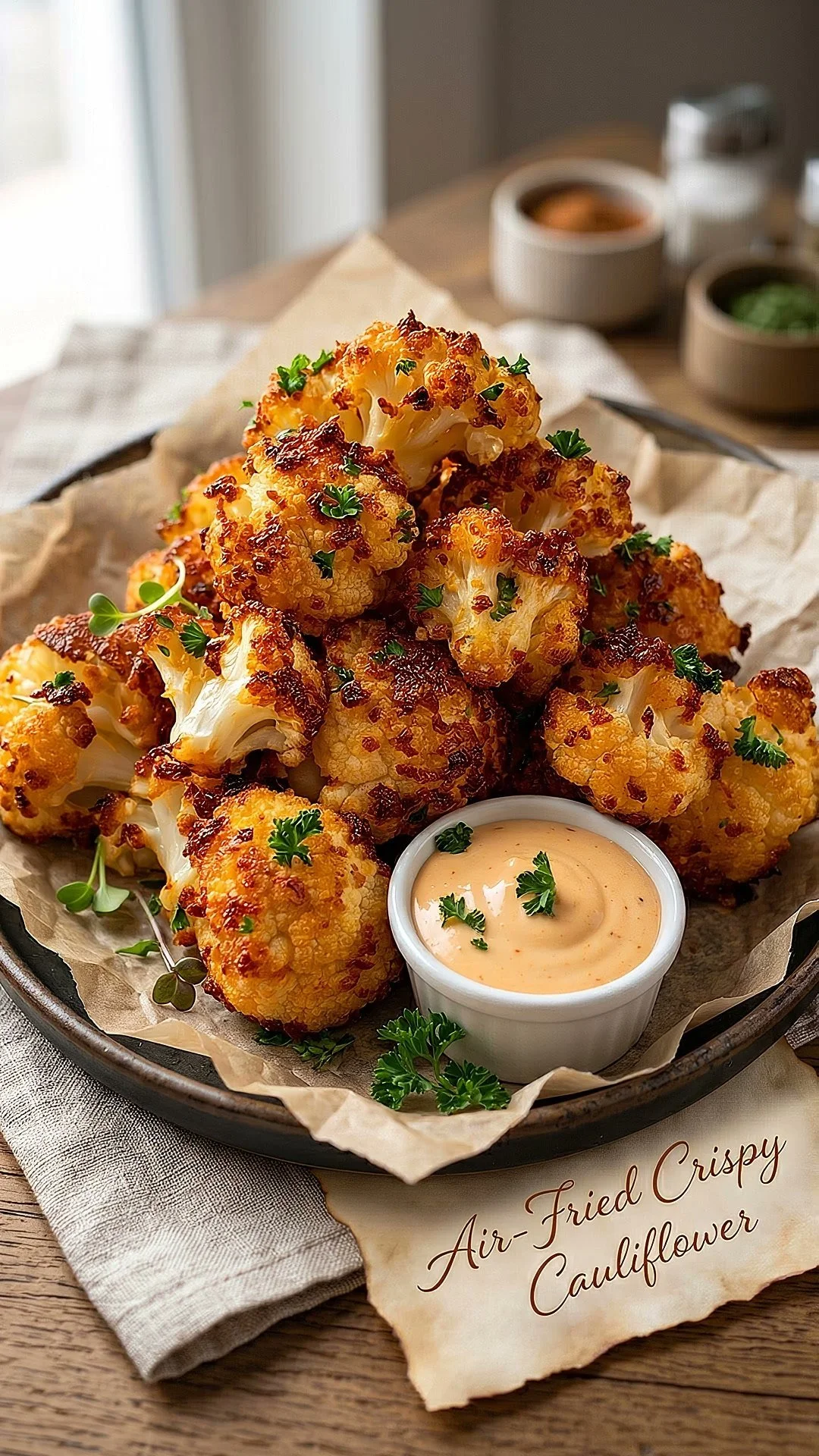 Air-fried crispy cauliflower served on a plate with dipping sauce.