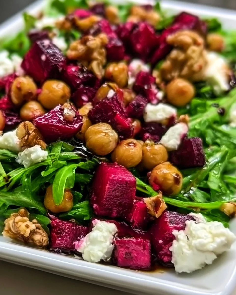 Arugula salad with chickpeas and roasted beets topped with balsamic dressing