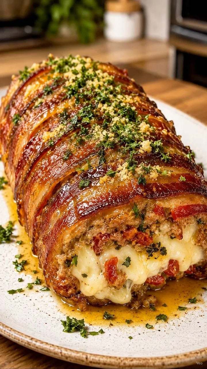 Delicious bacon-wrapped cheese stuffed meatloaf ready to be served