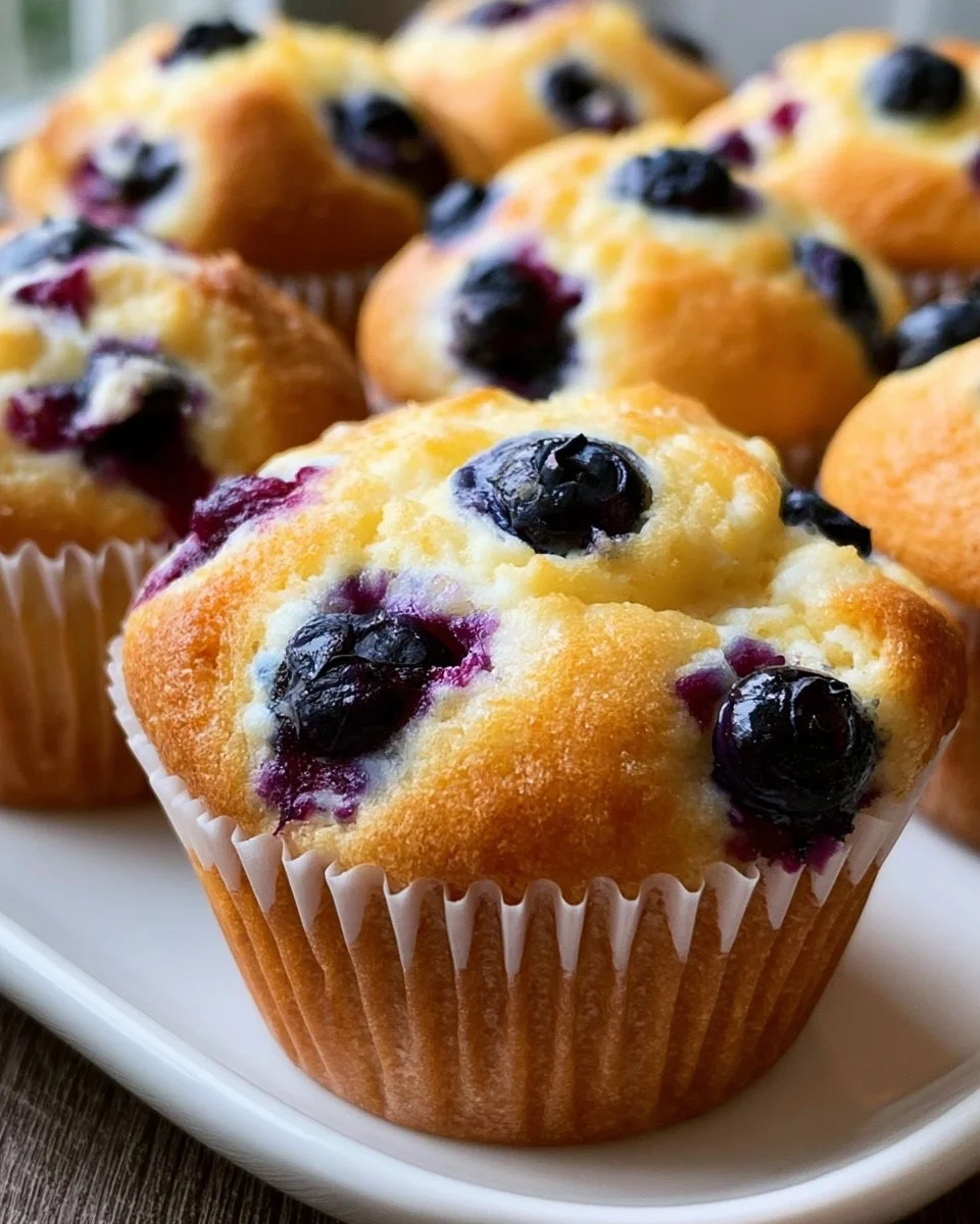 Freshly baked blueberry cottage cheese muffins on a wooden table