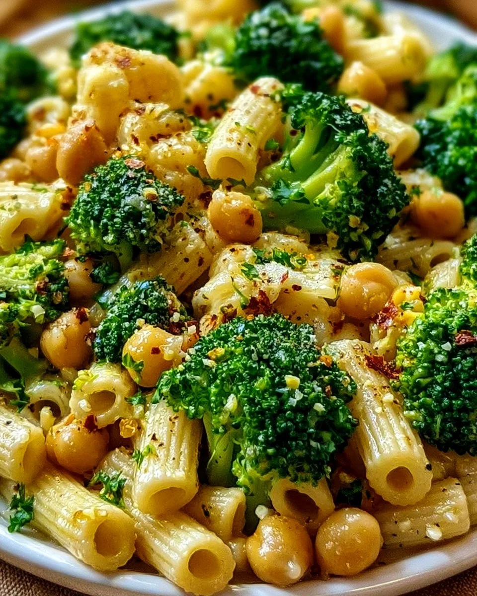 Delicious Broccoli Chickpea Pasta with Garlic Olive Oil served in a bowl