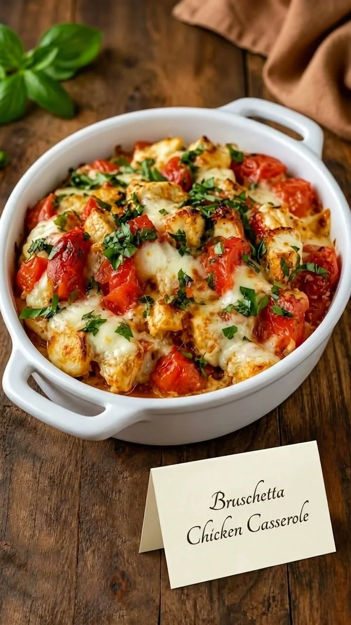 Delicious bruschetta chicken casserole topped with fresh basil and tomatoes