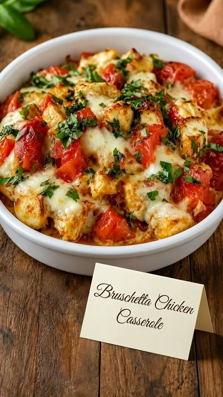 Delicious Bruschetta Chicken Casserole garnished with fresh basil and tomatoes