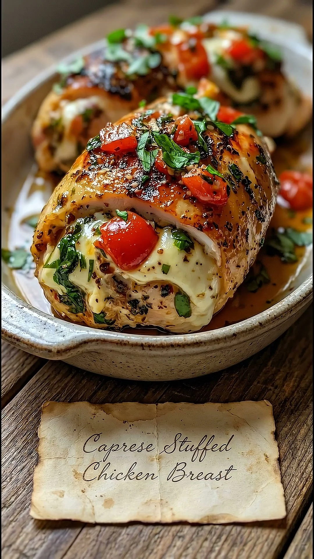 Cooked Caprese Stuffed Chicken Breast with mozzarella, tomatoes, and basil