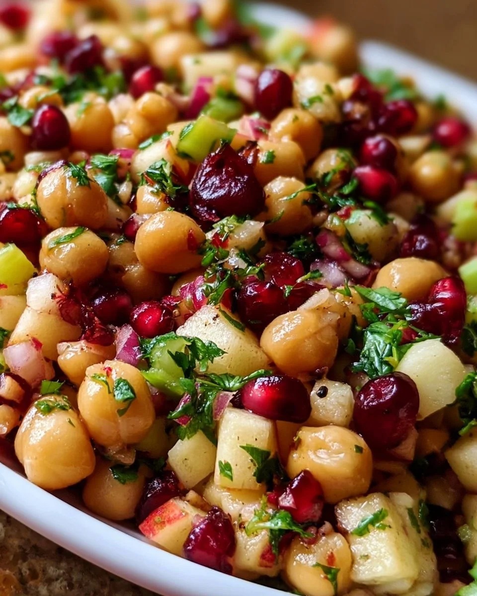 Chickpea salad with apple and cranberries in a bowl