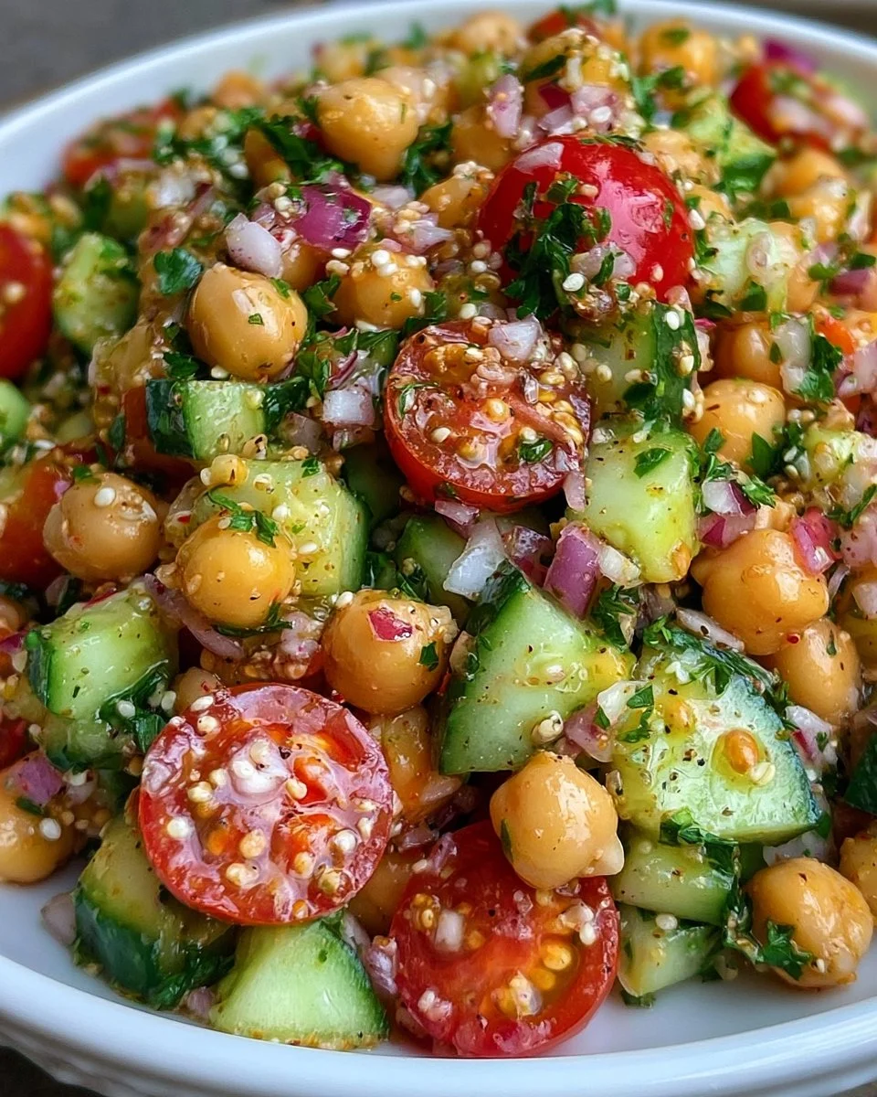 Chickpea cucumber salad with fresh vegetables and dressing in a bowl.