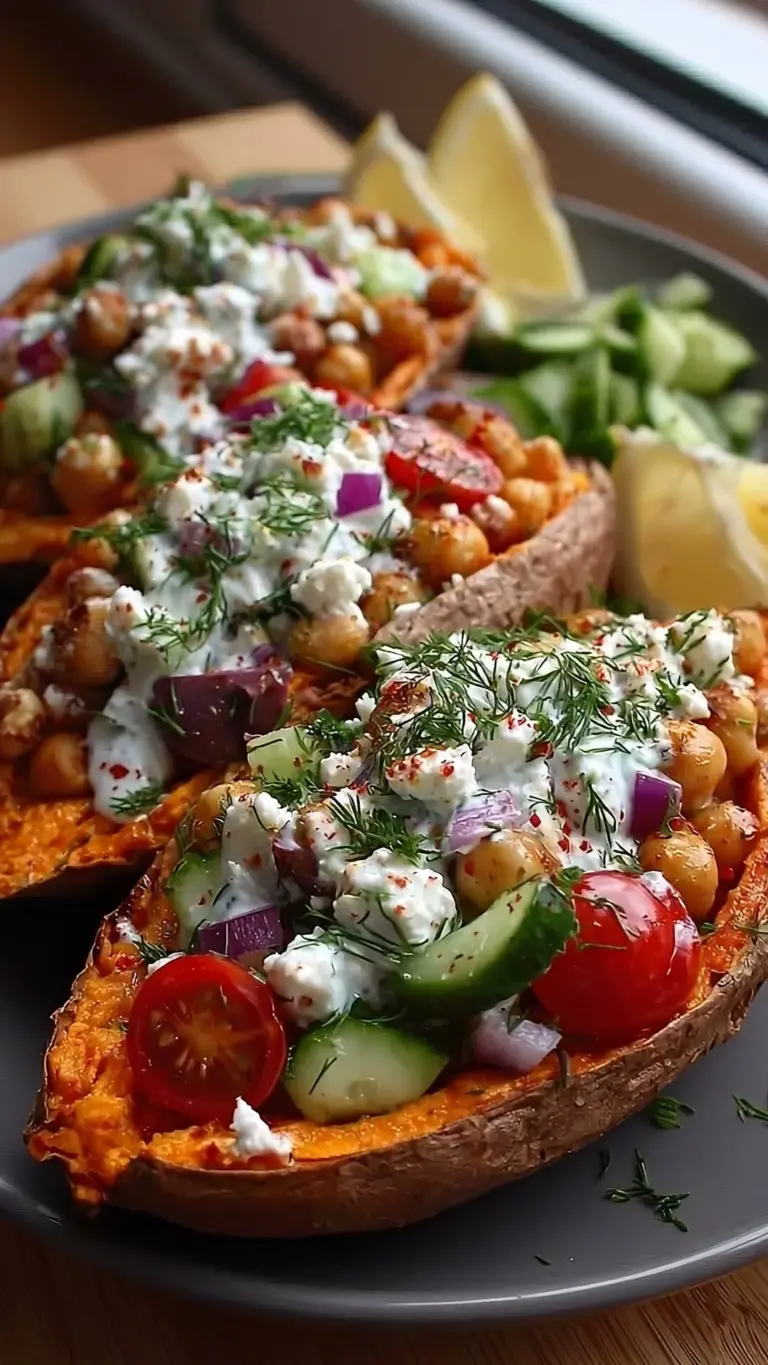 Chickpea Sweet Potato Boats topped with fresh herbs and spices