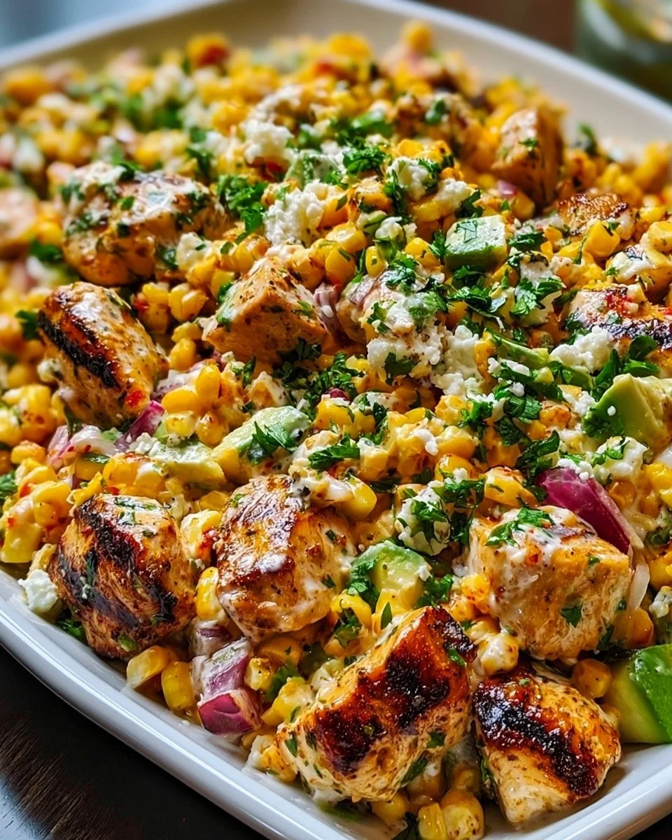 Creamy high protein chicken salad with street corn in a bowl